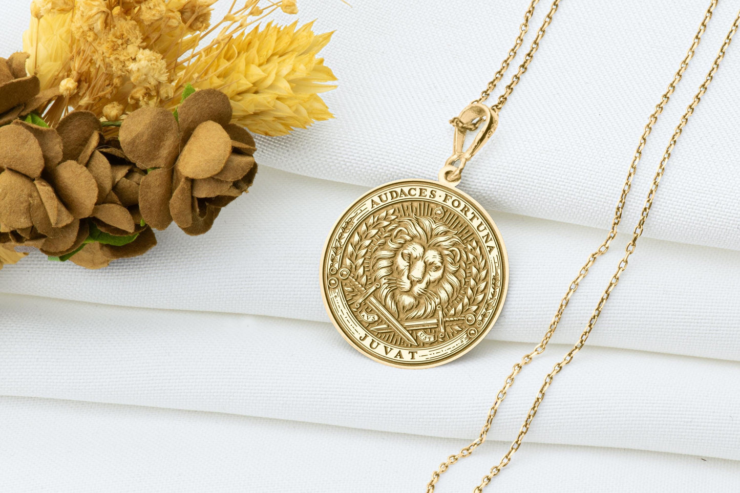 Audaces Fortuna Juvat Pendant: Lion Necklace, Latin Quote Amulet