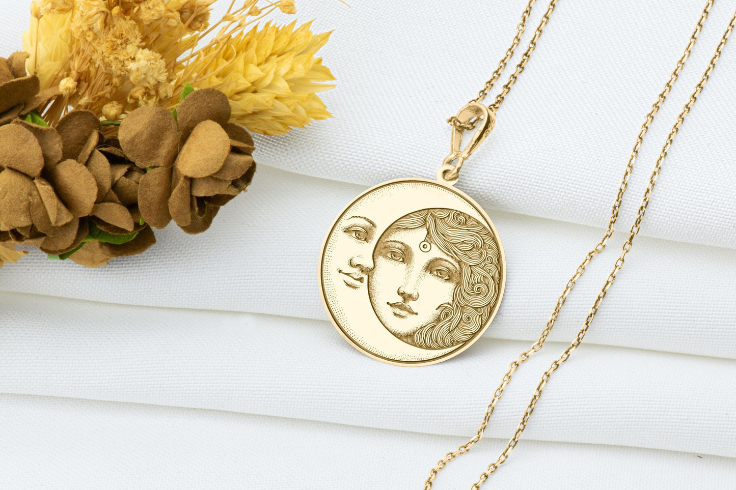 Sun and Moon Pendant: Celestial Necklace, Crescent Moon Charm, Divine Duality Amulet