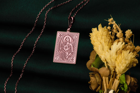 Joan of Arc Pendant: Queen of Clubs Poker Card Necklace, Patron Saint Charm