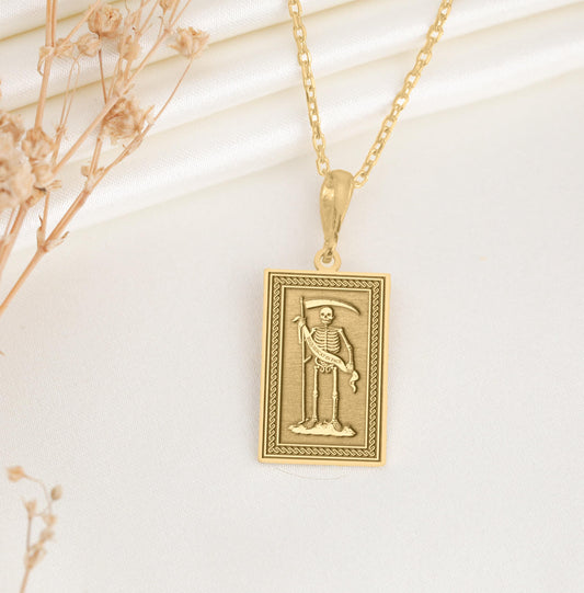 Gothic Skeleton Scythe Pendant: Memento Mori Necklace