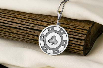 14k Solid Gold Poker Chip Necklace: Clubs Suit Pendant