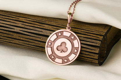14k Solid Gold Poker Chip Necklace: Clubs Suit Pendant