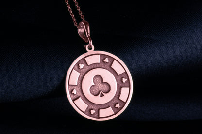 14k Solid Gold Poker Chip Necklace: Clubs Suit Pendant