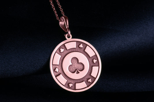 14k Solid Gold Poker Chip Necklace: Clubs Suit Pendant