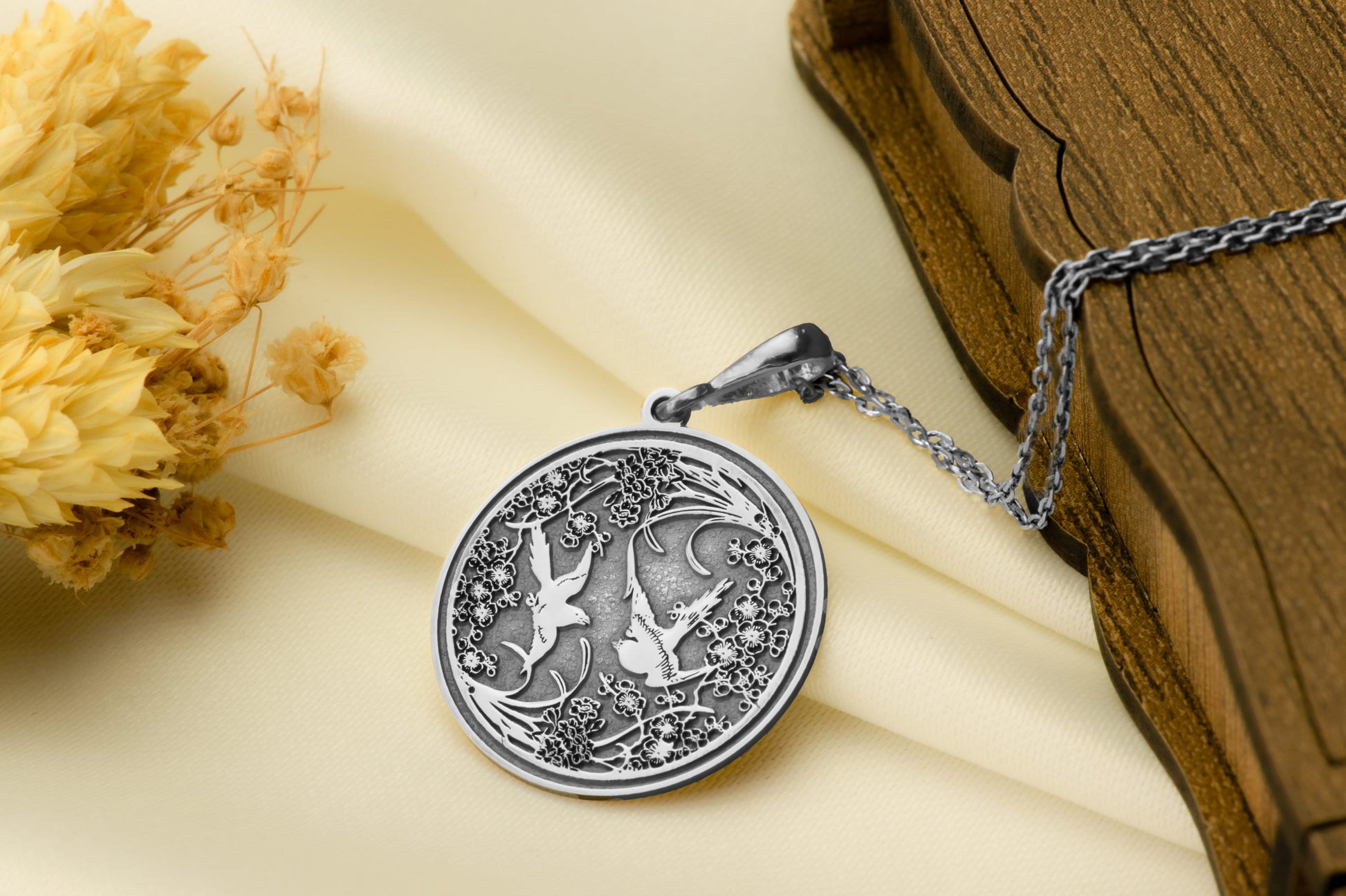 Sakura & Dove Pendant: Japanese Blossom Necklace, Nature Amulet, Light Spirit Charm, Harmony Talisman