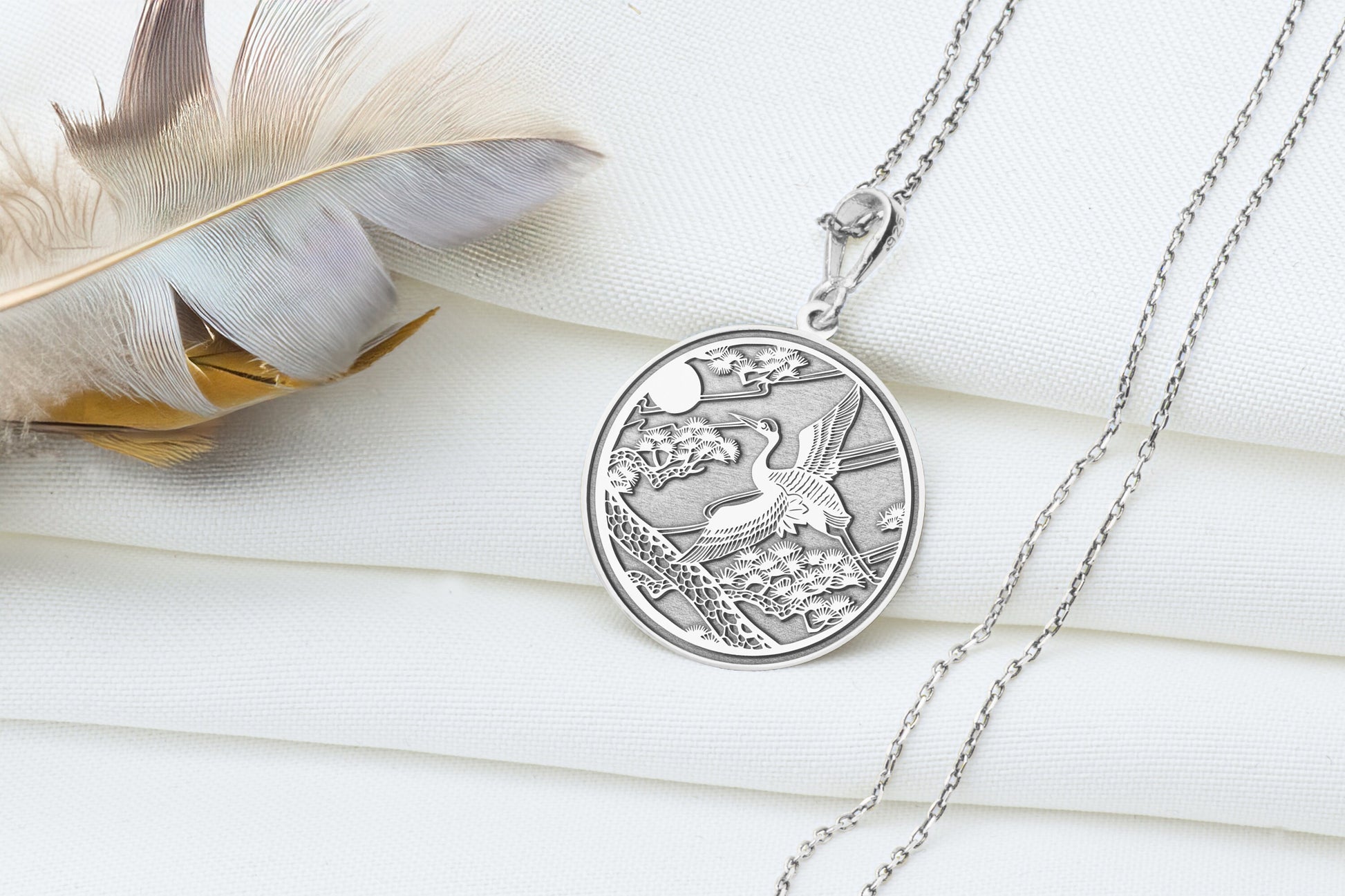 Crane Pendant: Floral Bird Necklace