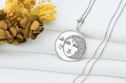 Sun and Moon Pendant: Celestial Necklace, Crescent Moon Charm, Divine Duality Amulet