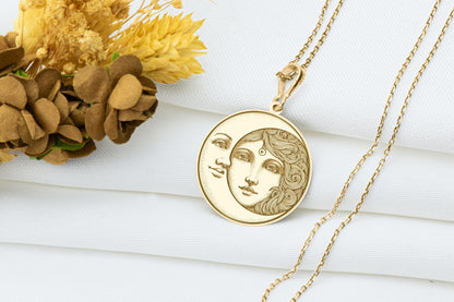 Sun and Moon Pendant: Celestial Necklace, Crescent Moon Charm, Divine Duality Amulet