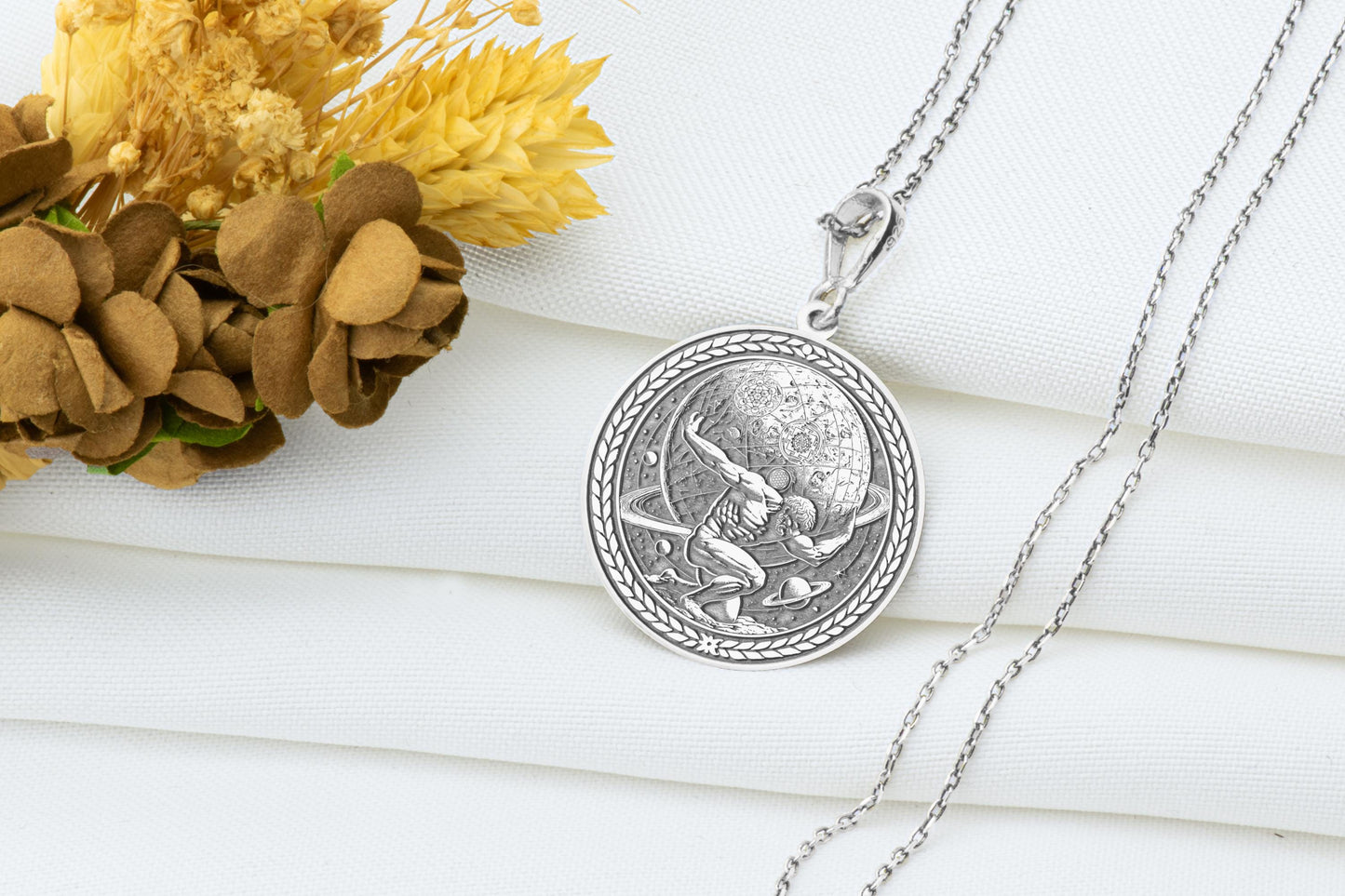 Atlas Medallion Necklace: Greek Titan Pendant, World Holder Charm, Statement Amulet
