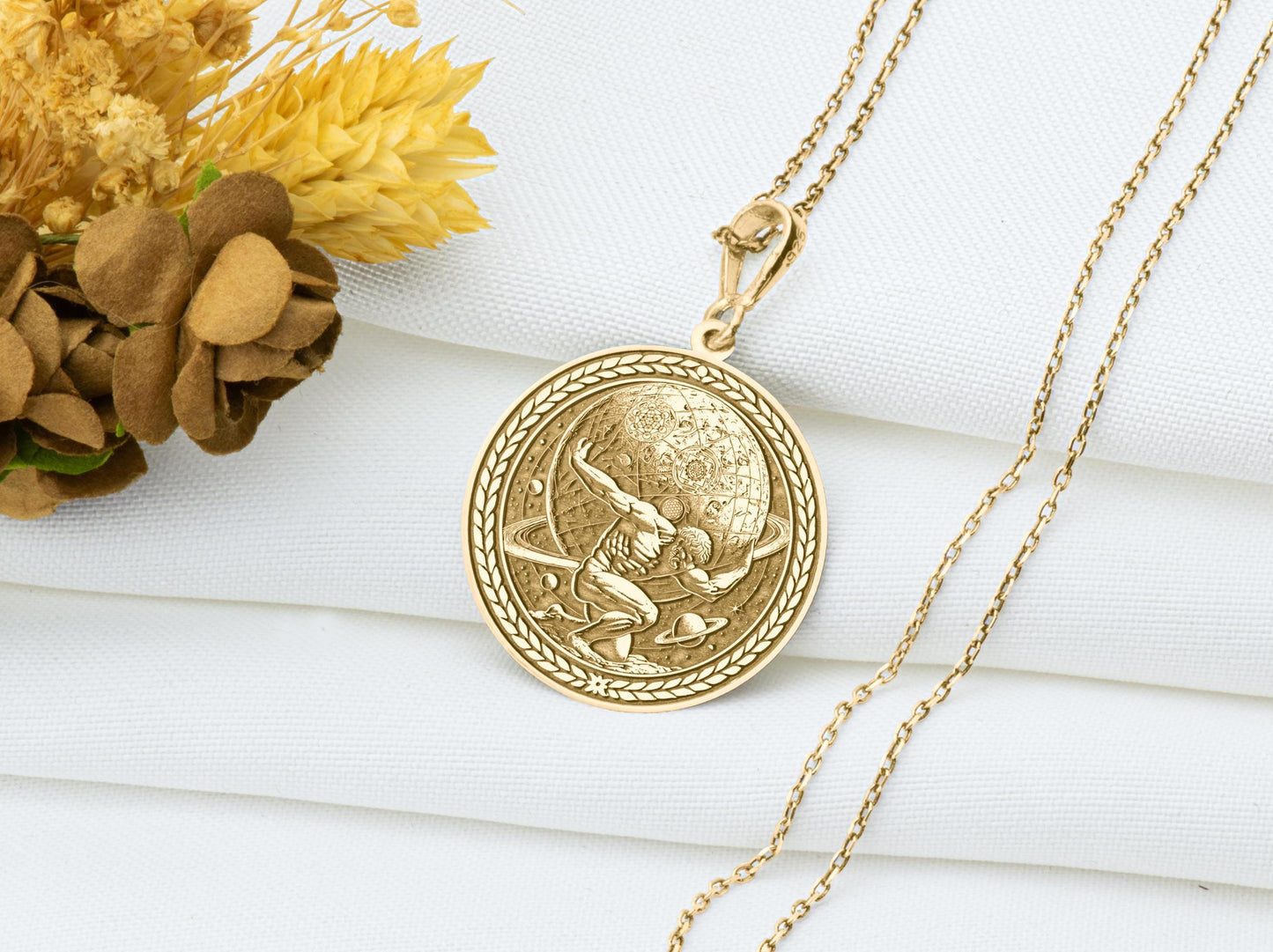 Atlas Medallion Necklace: Greek Titan Pendant, World Holder Charm, Statement Amulet