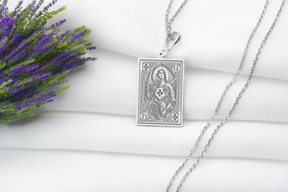 Joan of Arc Pendant: Queen of Clubs Poker Card Necklace, Patron Saint Charm