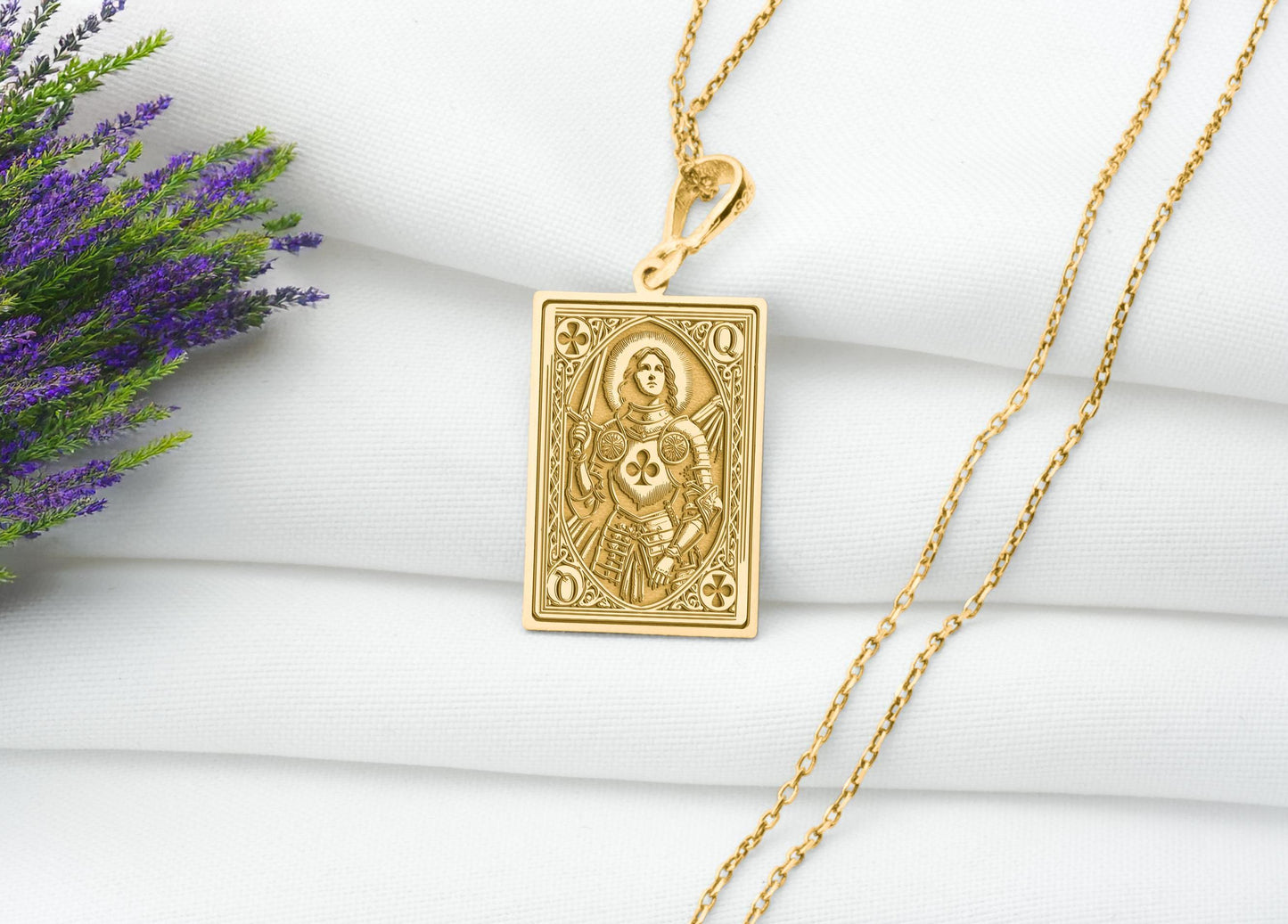 Joan of Arc Pendant: Queen of Clubs Poker Card Necklace, Patron Saint Charm