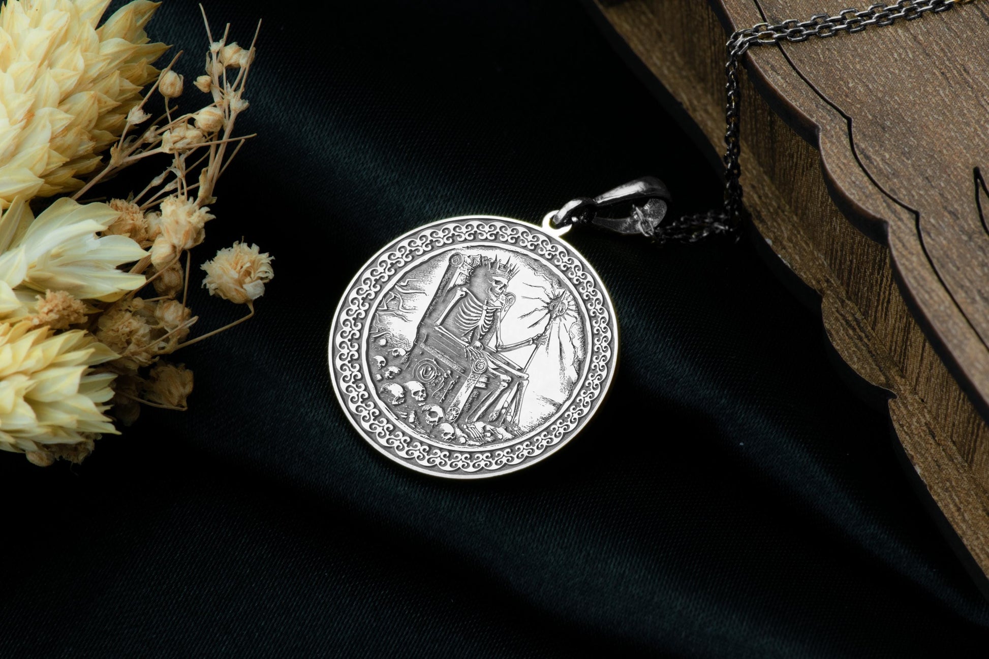 Death King Necklace, Skeleton Throne Pendant, Memento Mori Symbol Medallion, Gothic Royalty Amulet