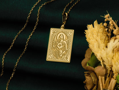 Joan of Arc Pendant: Queen of Clubs Poker Card Necklace, Patron Saint Charm