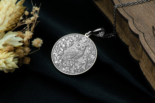 Floral Owl Pendant: Nature Necklace, Moonlight Wisdom Amulet, Forest Spirit Charm