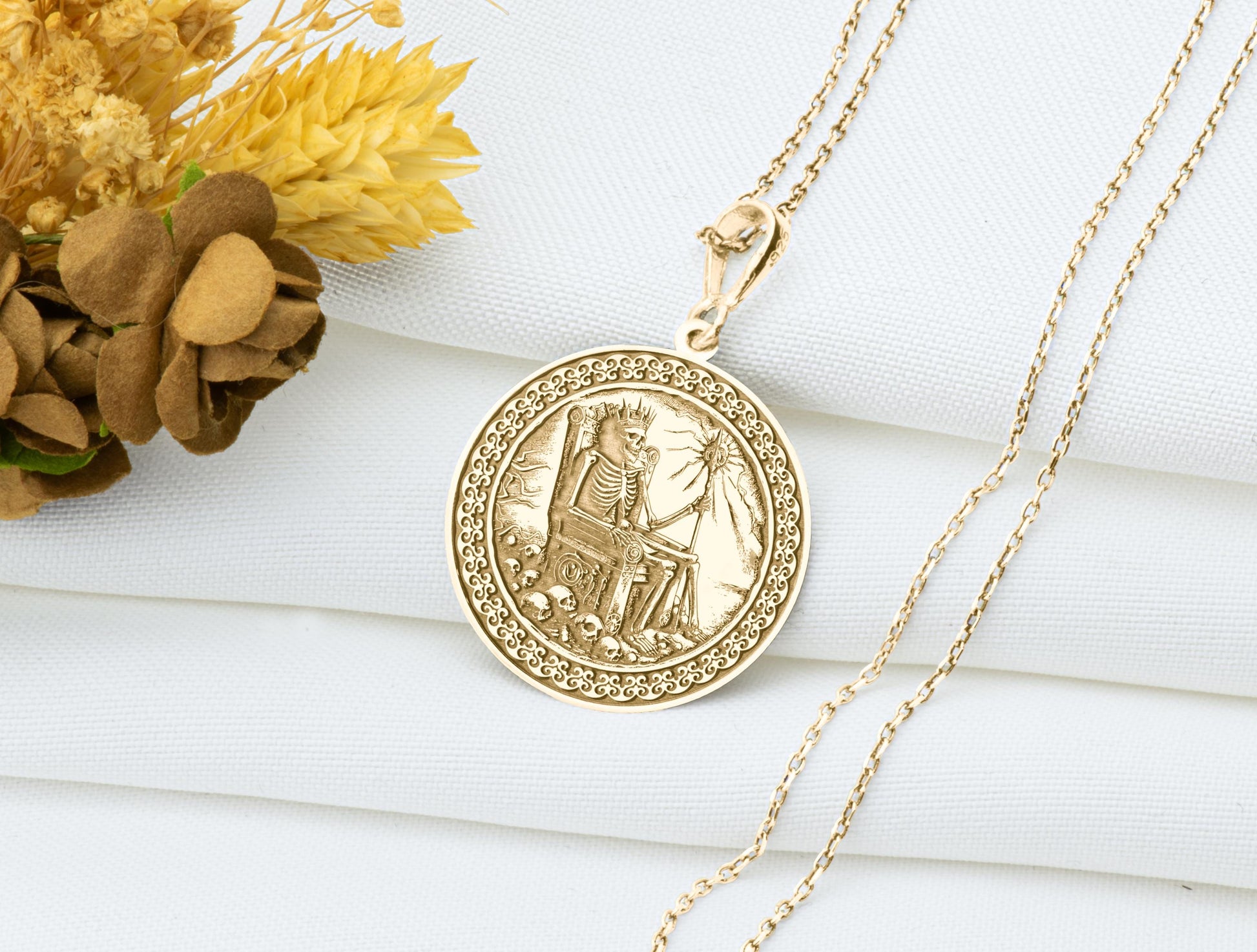 Death King Necklace, Skeleton Throne Pendant, Memento Mori Symbol Medallion, Gothic Royalty Amulet