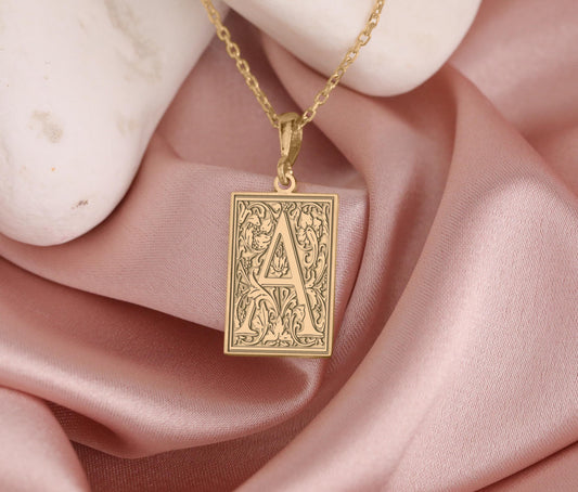 Ornamental Letter A Necklace, Alphabet Pendant, Gothic Botanical Initial Charm, Numerology & Filigree Monogram Jewelry