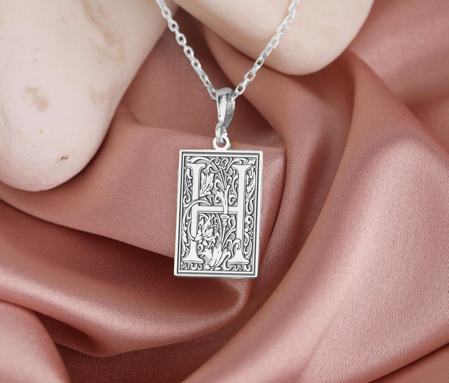 Ornamental Letter H Necklace: Gothic Initial Monogram Pendant