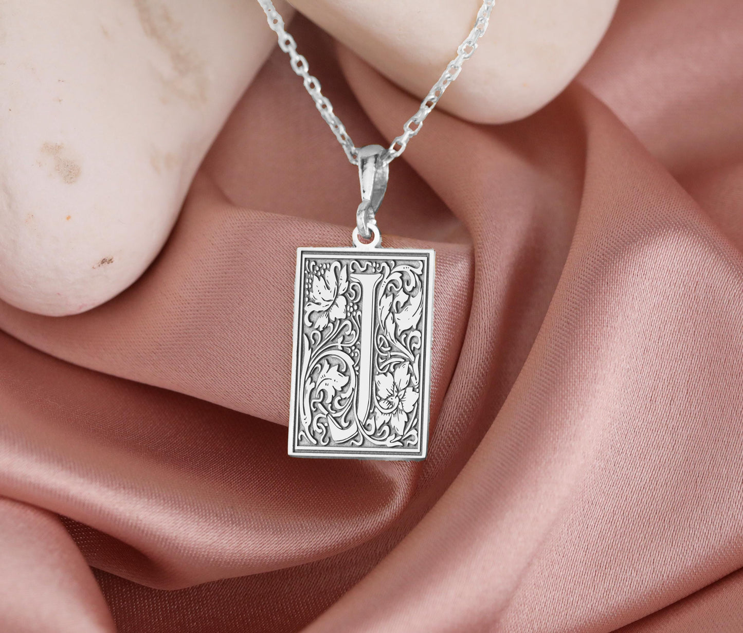 Floral Letter J Necklace: Gothic Initial Pendant