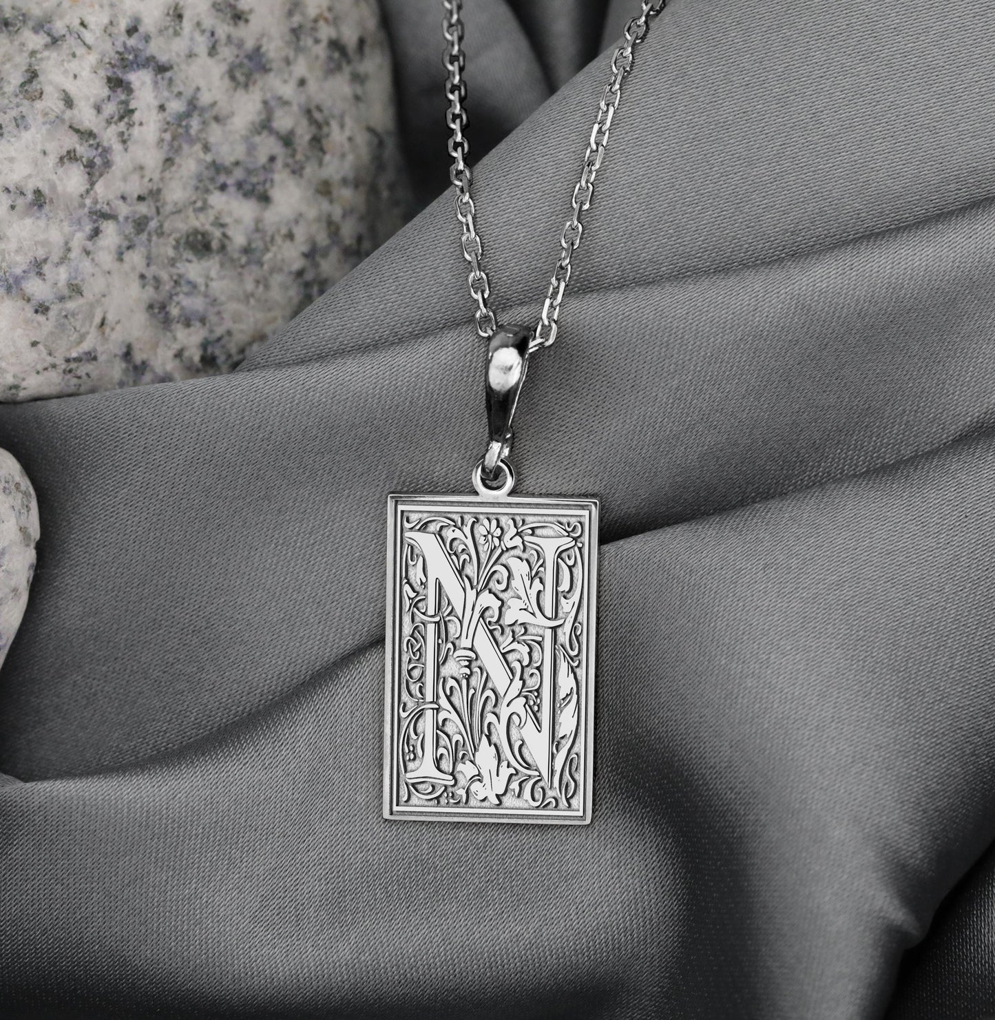Gothic Letter N Necklace: Botanical Monogram Pendant