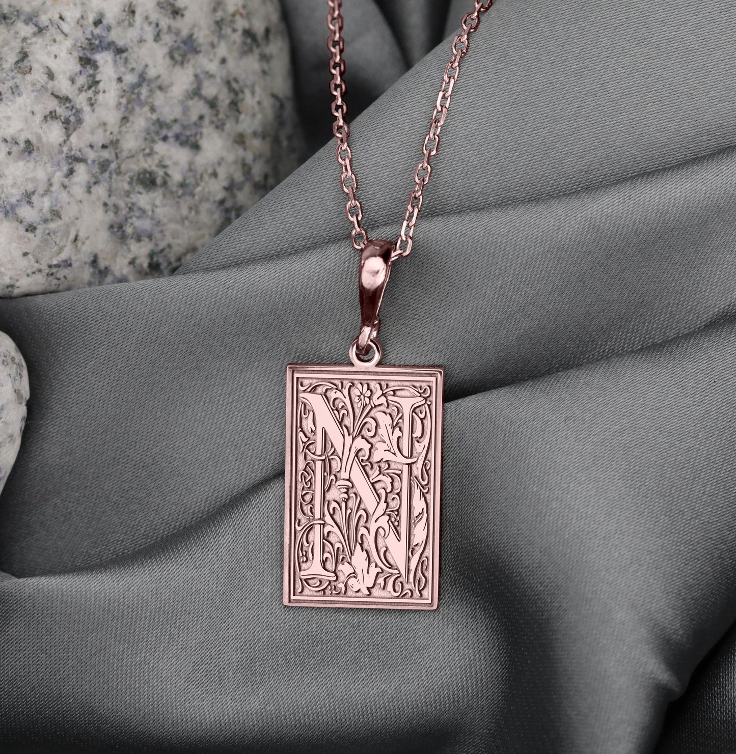 Gothic Letter N Necklace: Botanical Monogram Pendant