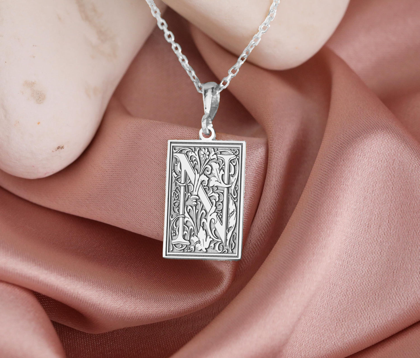 Gothic Letter N Necklace: Botanical Monogram Pendant