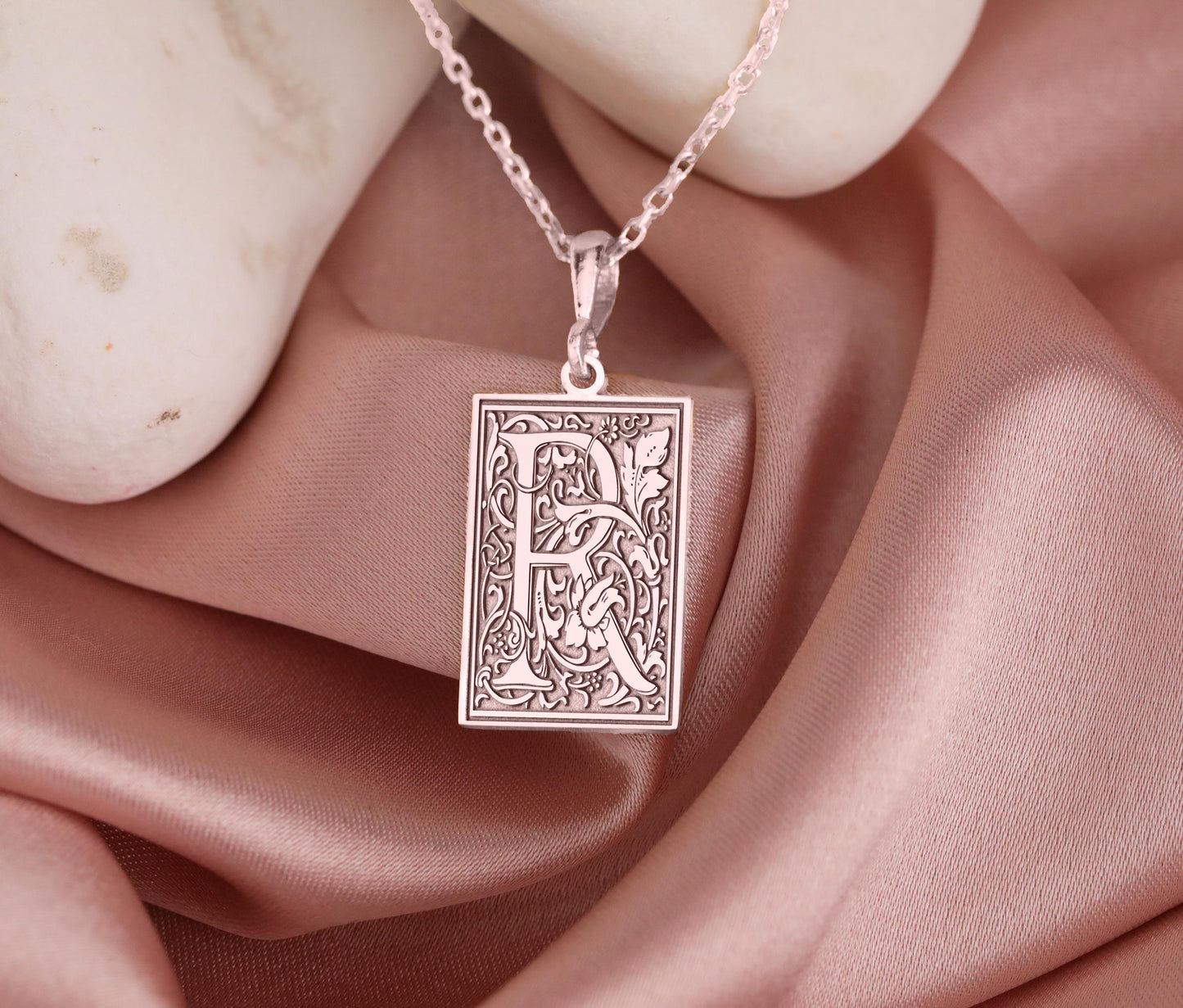 Gothic Letter R Necklace: Botanical Monogram Pendant