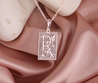 Gothic Letter R Necklace: Botanical Monogram Pendant
