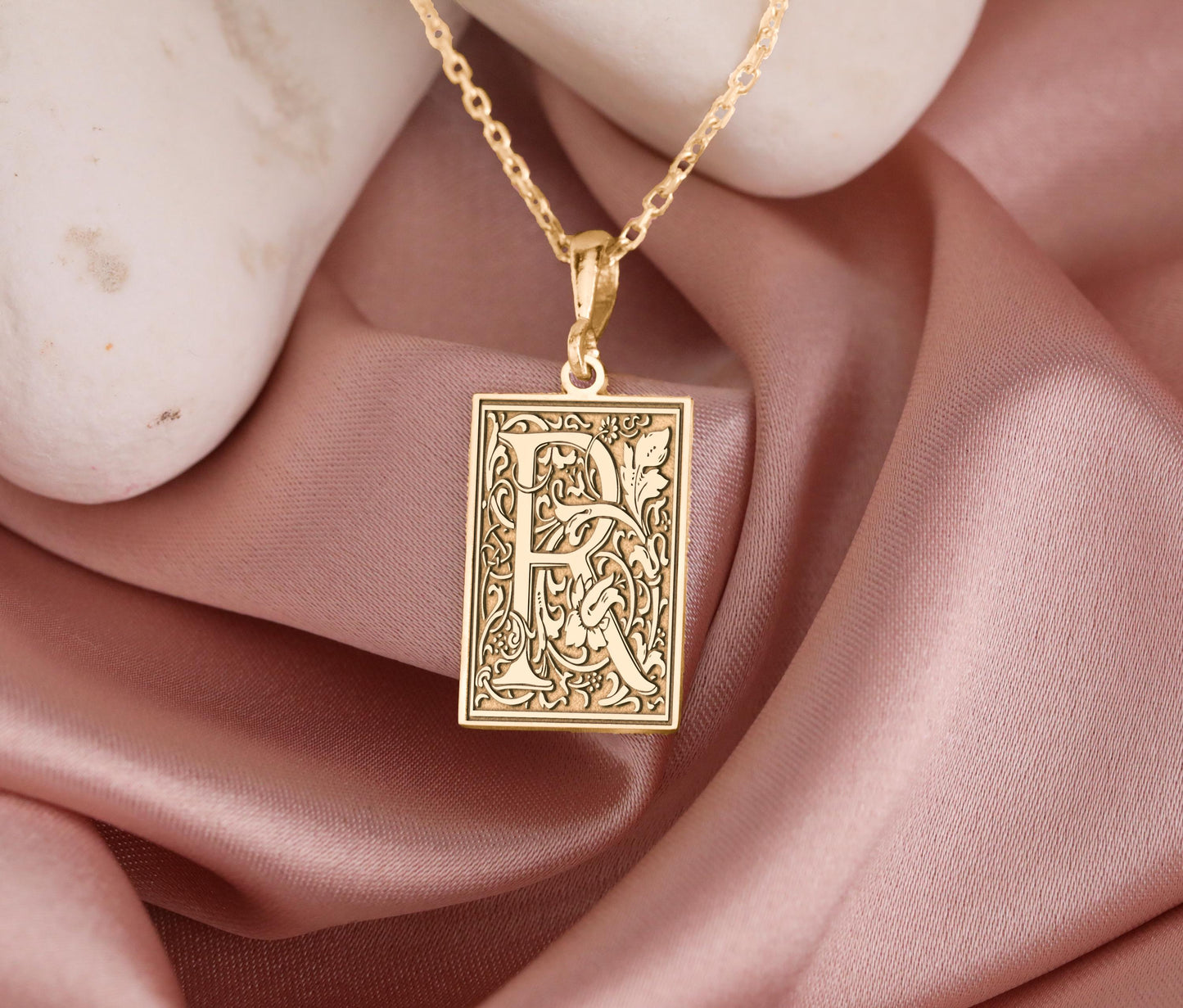 Gothic Letter R Necklace: Botanical Monogram Pendant