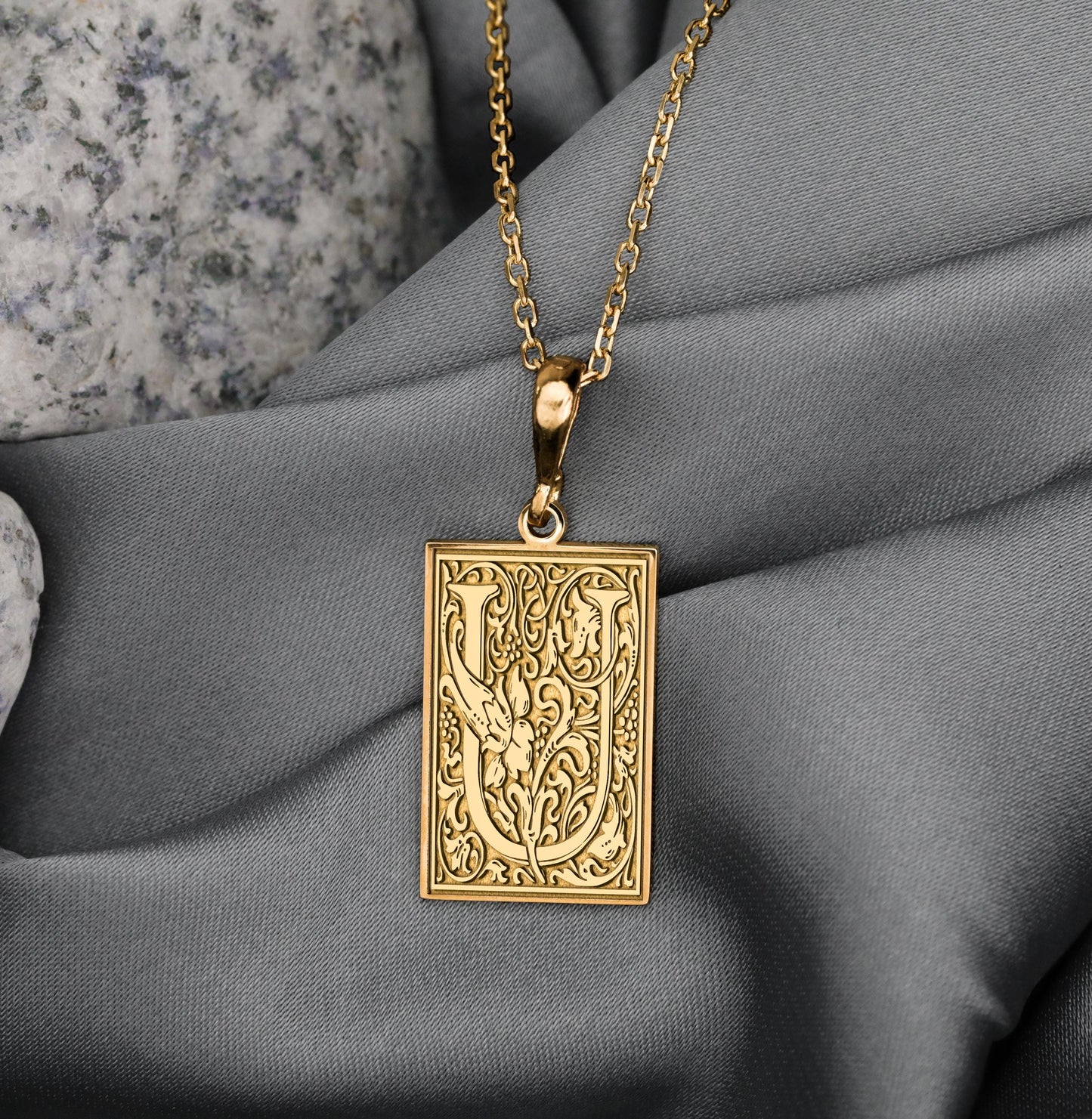 Botanical Letter U Necklace: Gothic Monogram Pendant