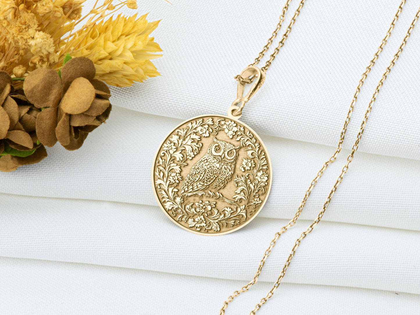 Floral Owl Pendant: Nature Necklace, Moonlight Wisdom Amulet, Forest Spirit Charm