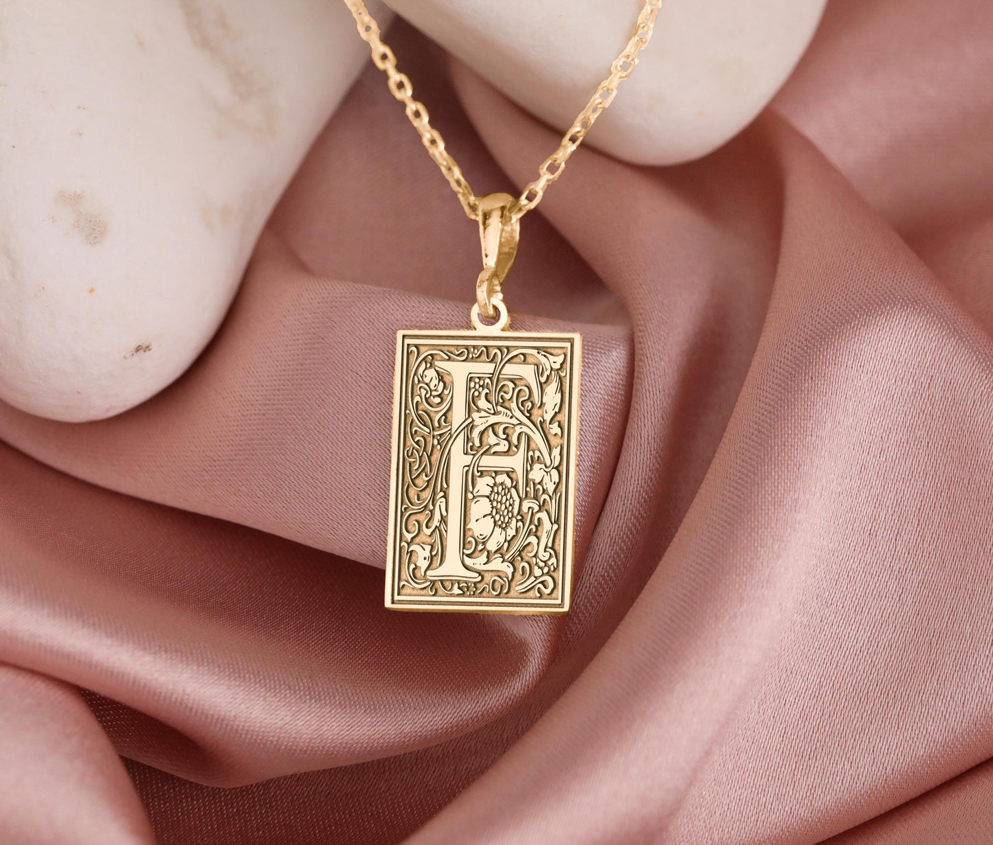 Gothic Letter F Necklace: Botanical Monogram Pendant