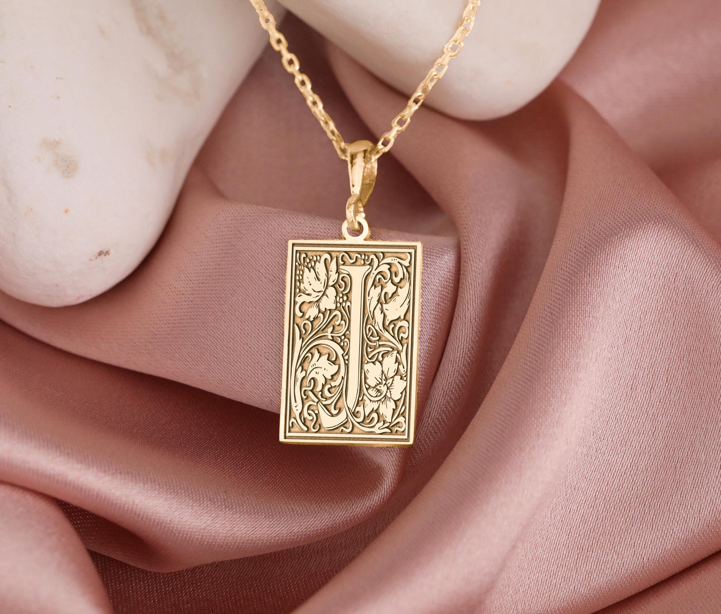 Floral Letter J Necklace: Gothic Initial Pendant