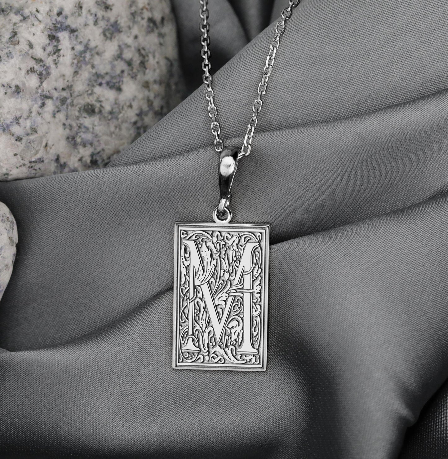 Botanical Letter M Necklace: Gothic Initial Pendant