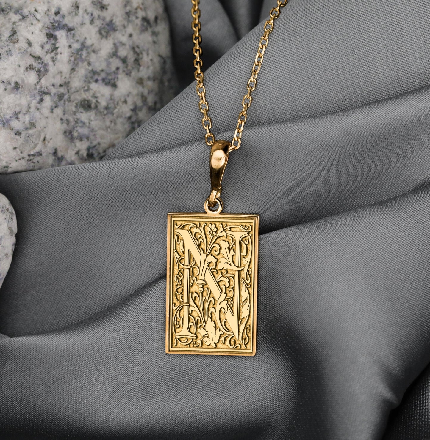 Gothic Letter N Necklace: Botanical Monogram Pendant