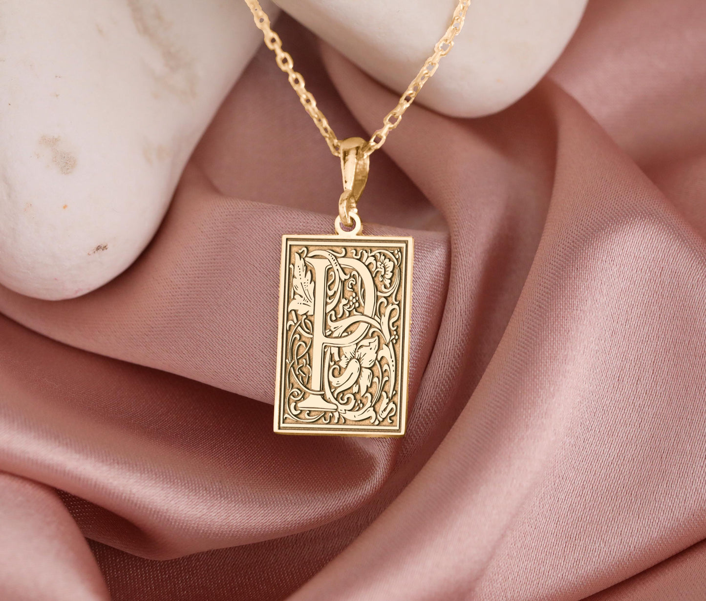 Gothic Letter P Necklace: Floral Monogram Initial Pendant