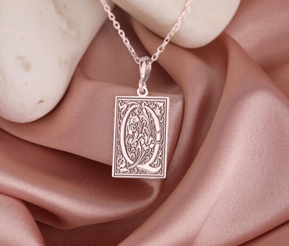 Botanical Letter Q Necklace: Gothic Monogram Pendant