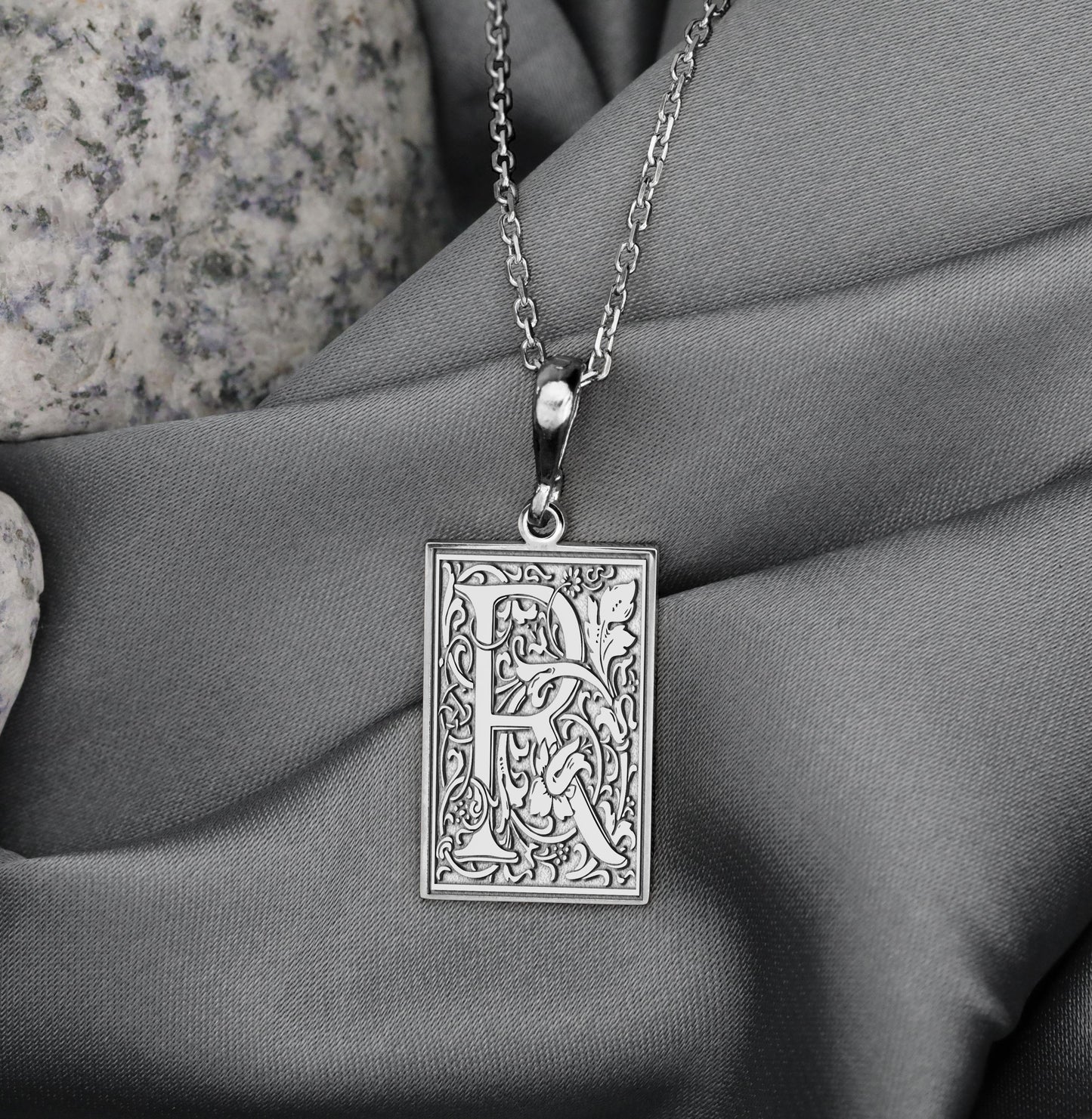 Gothic Letter R Necklace: Botanical Monogram Pendant