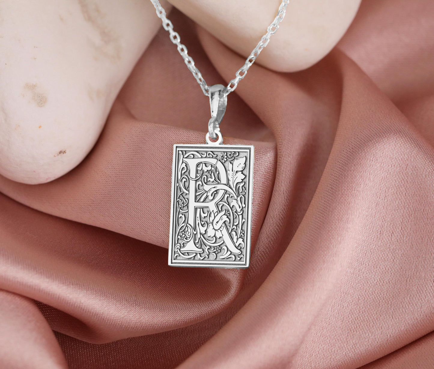 Gothic Letter R Necklace: Botanical Monogram Pendant