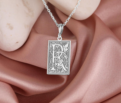 Gothic Letter R Necklace: Botanical Monogram Pendant