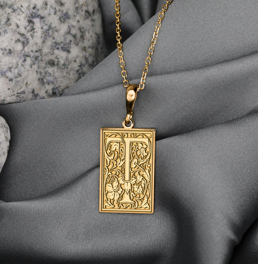 Ornamental Letter T Necklace: Gothic Initial Pendant, Botanical Monogram