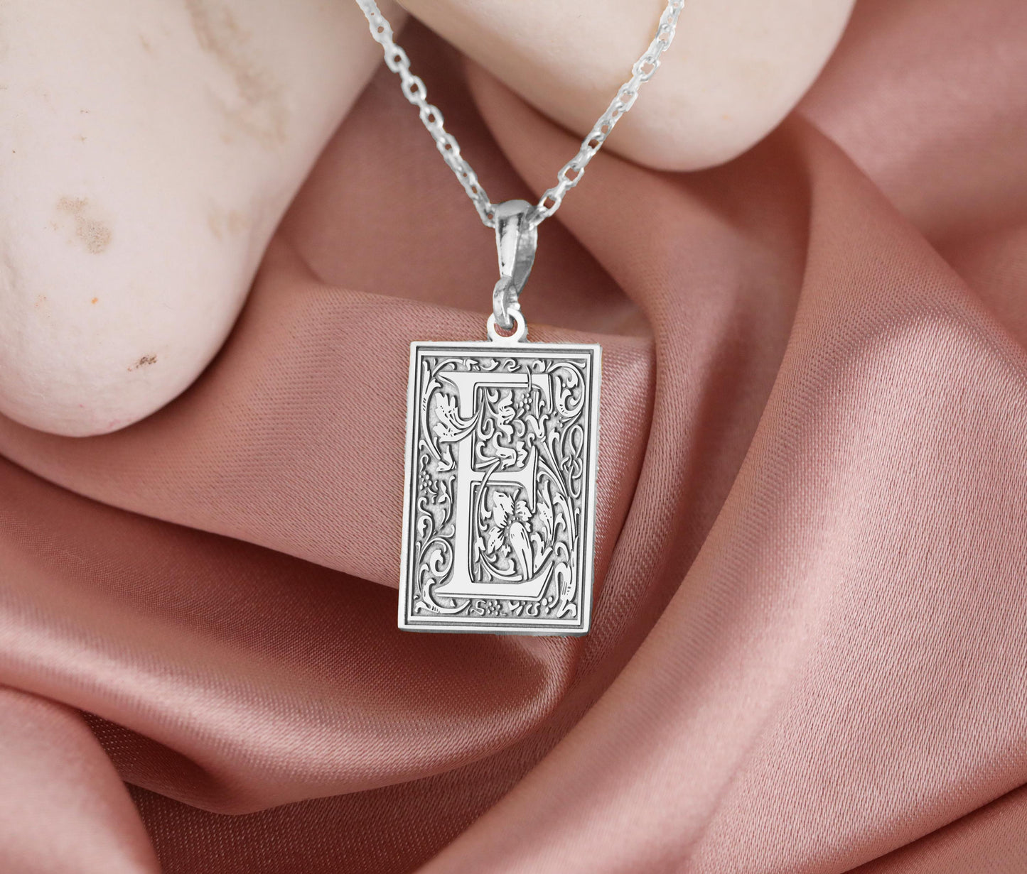 Gothic Floral Letter E Necklace: Initial Pendant, Language Charm