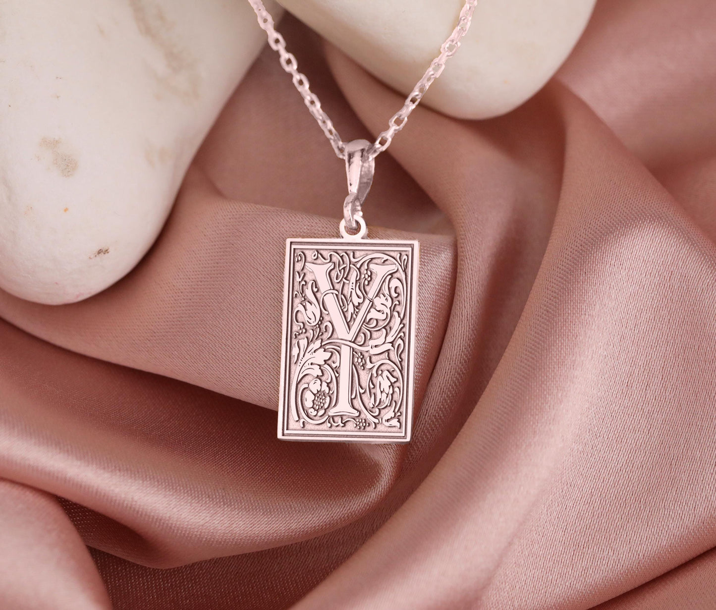 Gothic Letter Y Necklace: Botanical Initial Pendant, Numerology 7