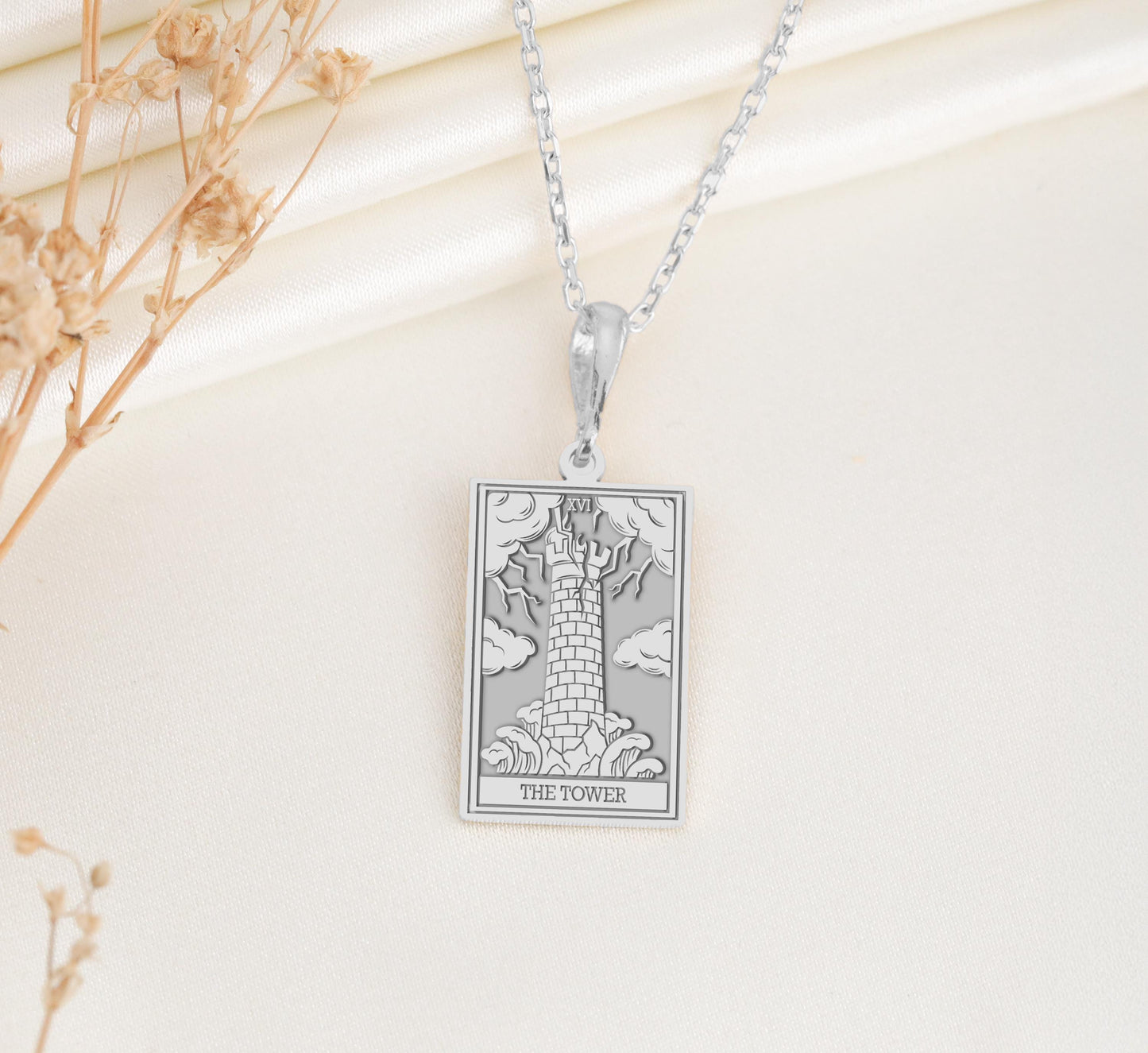 The Tower Tarot Card Necklace: Sterling Silver Major Arcana Pendant