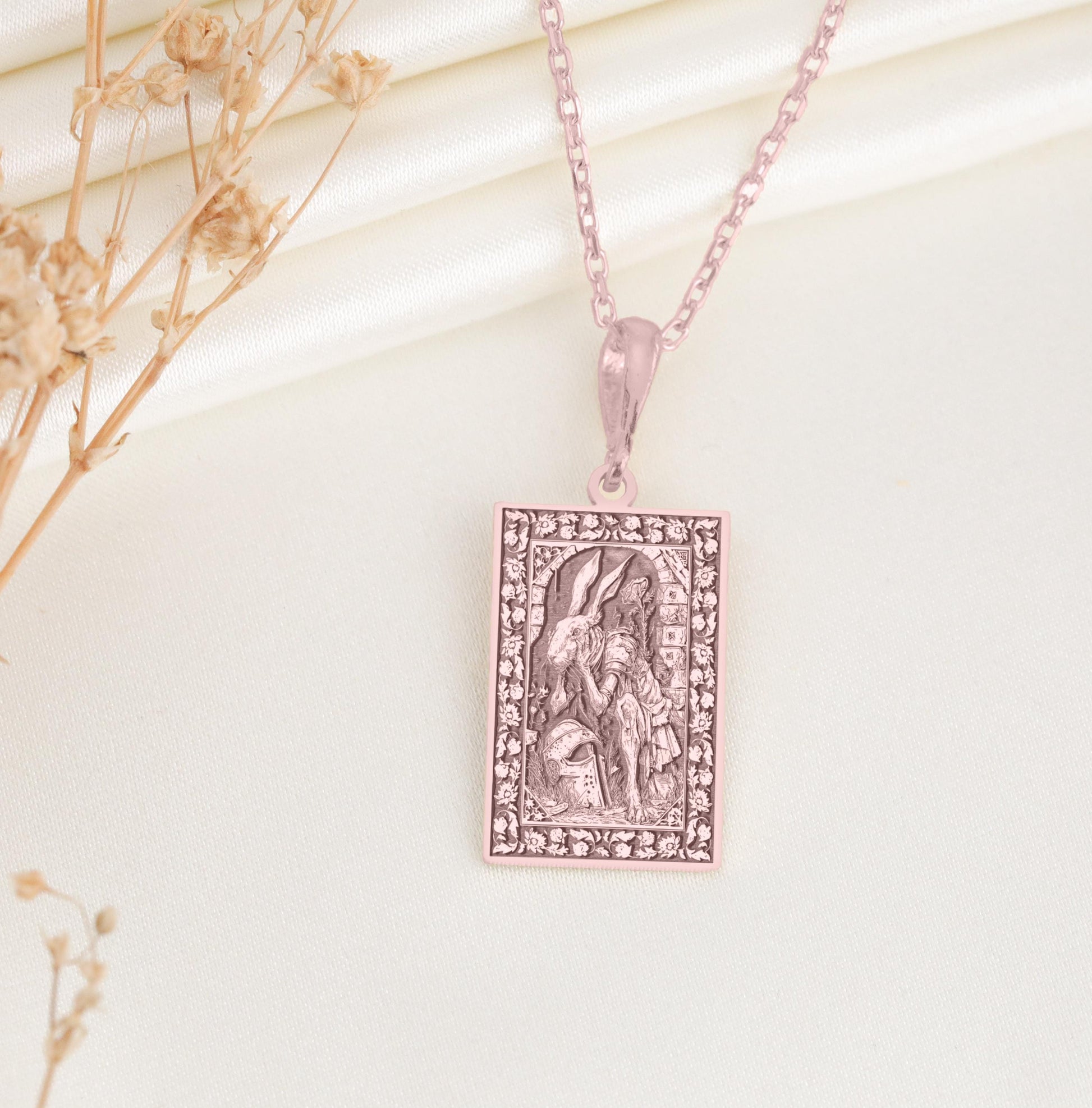 White Rabbit Knight Pendant: Alice Fantasy Savior Necklace, Sacred Hero Charm, Wonderland Courage Talisman