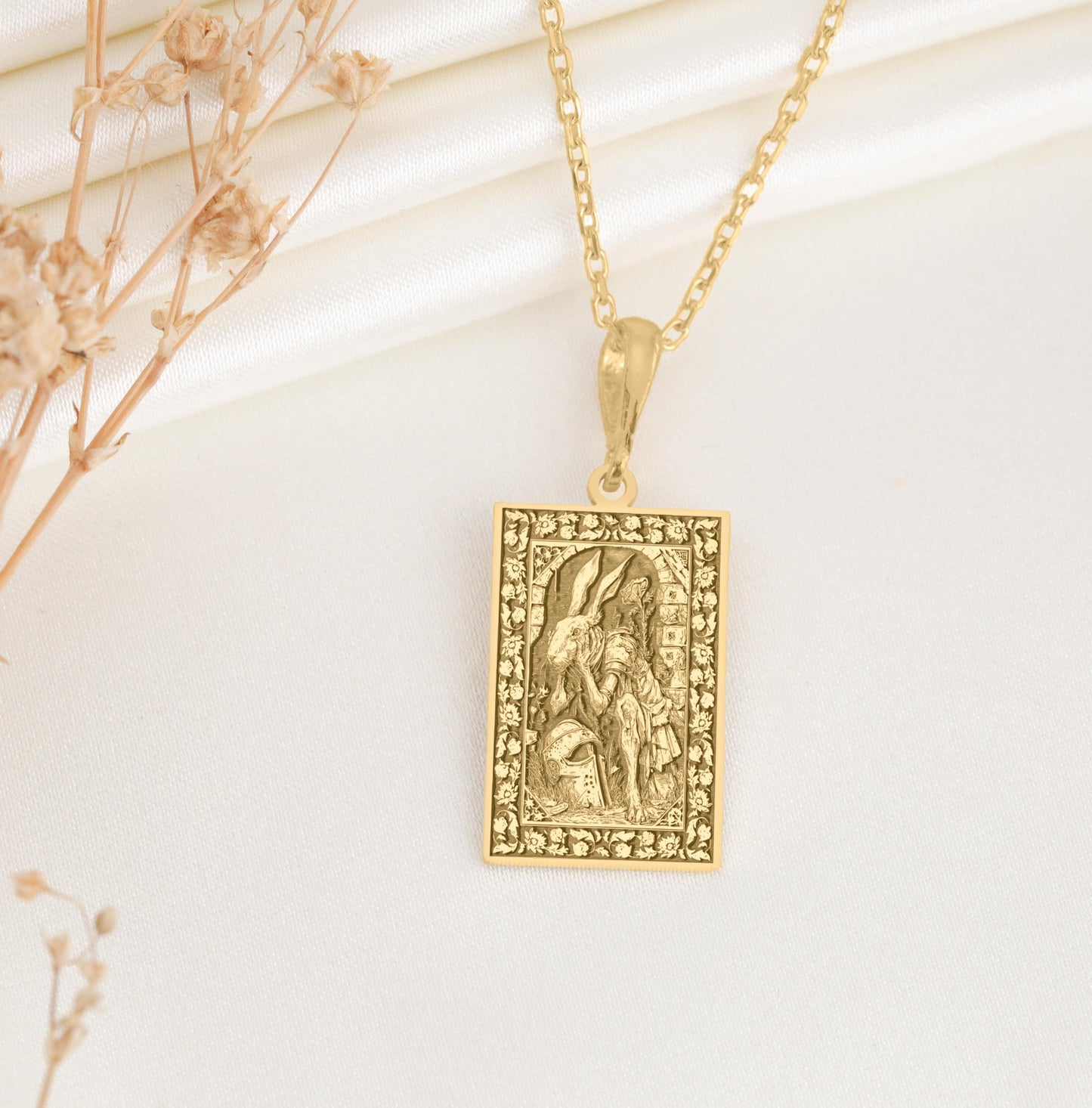 White Rabbit Knight Pendant: Alice Fantasy Savior Necklace, Sacred Hero Charm, Wonderland Courage Talisman