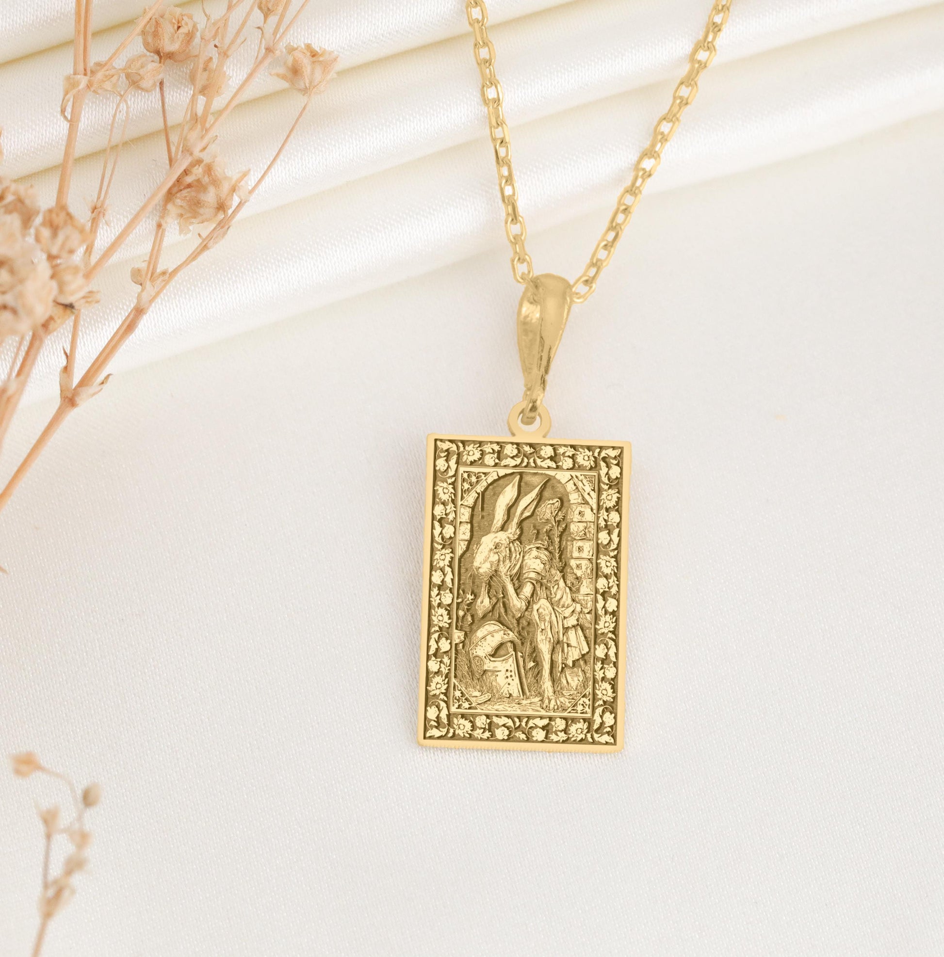 White Rabbit Knight Pendant: Alice Fantasy Savior Necklace, Sacred Hero Charm, Wonderland Courage Talisman