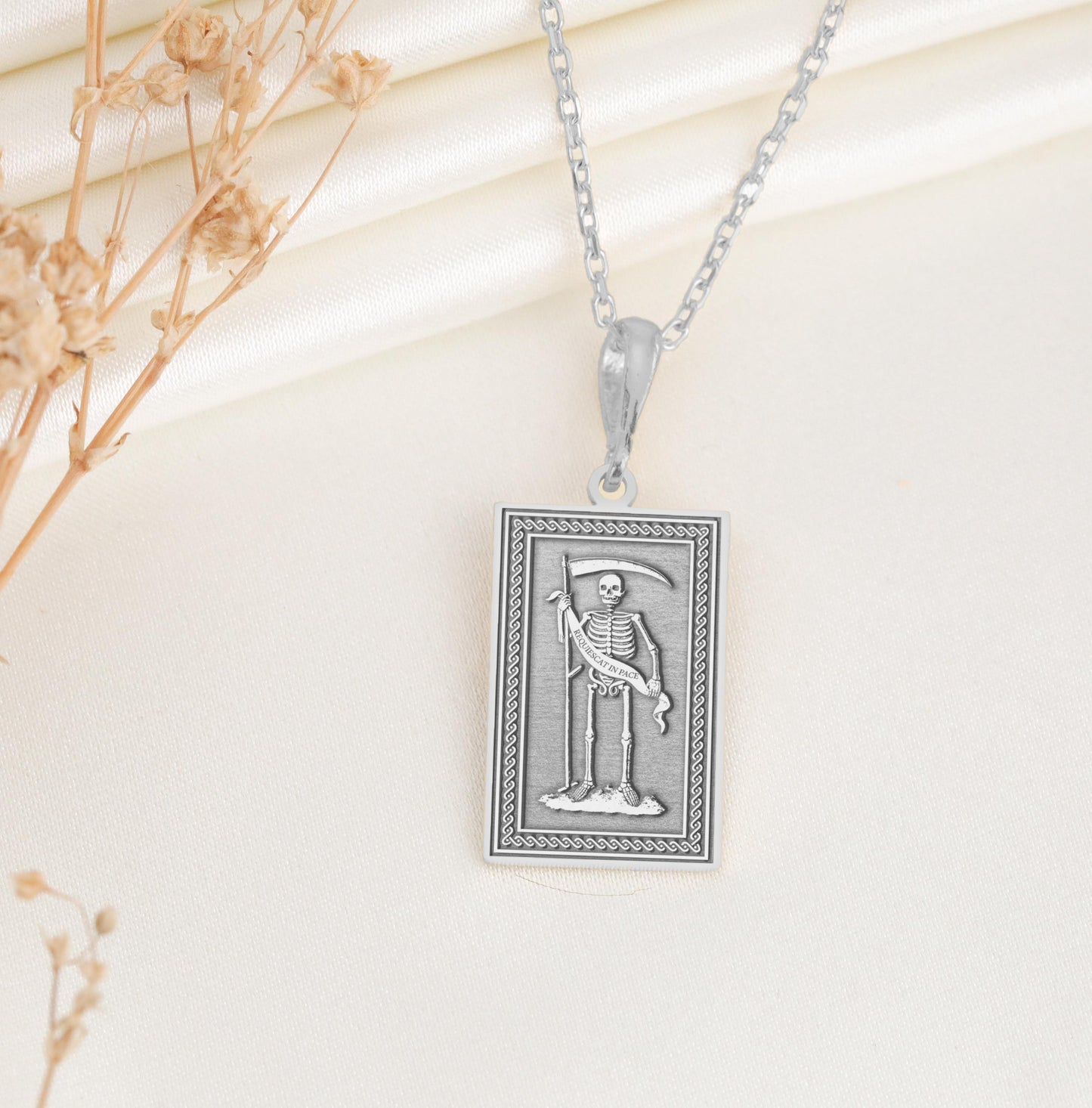 Gothic Skeleton Scythe Pendant: Memento Mori Necklace