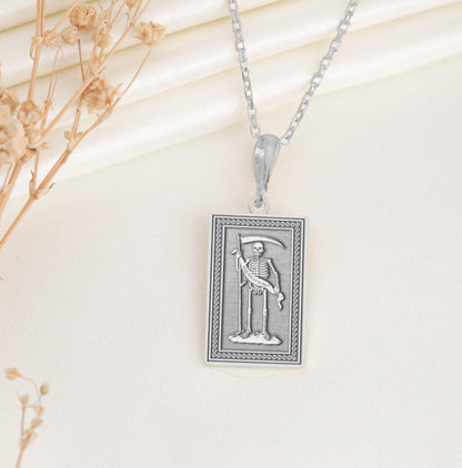 Gothic Skeleton Scythe Pendant: Memento Mori Necklace