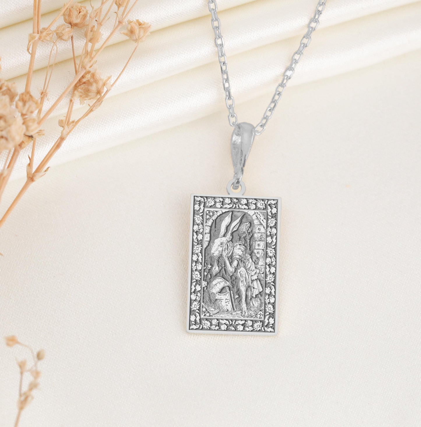 White Rabbit Knight Pendant: Alice Fantasy Savior Necklace, Sacred Hero Charm, Wonderland Courage Talisman